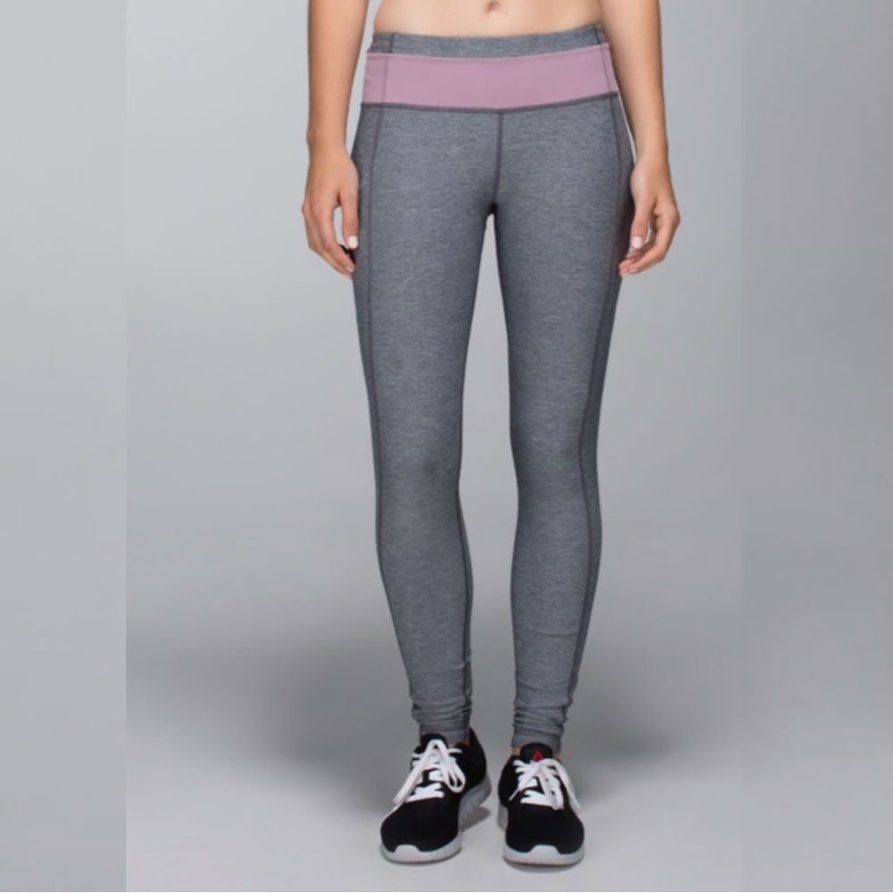 Lululemon Heather Gray Leggings with Mauve Waistband Size 6 Gym Running Exercise